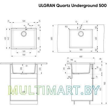 Кухонная мойка Ulgran Quartz Underground 500 (07 уголь) картинка 4